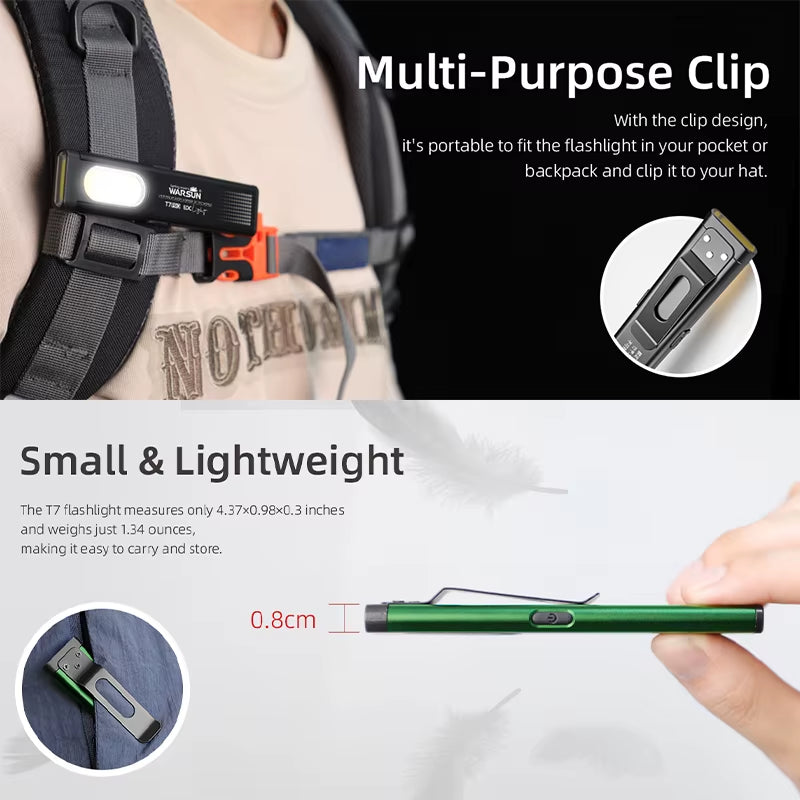 T7 LED Torch Portable Mini Flashlight 800LM Rechargeable Pocket Light Magnetic Base Clip Work Light Hiking Fishing EDC